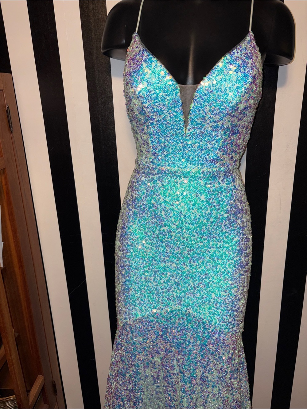 Custom Prom Dress Sparkling Iridescent Sequin Mermaid Dress Aqua Tiffany Blue XS - Picture 13 of 16